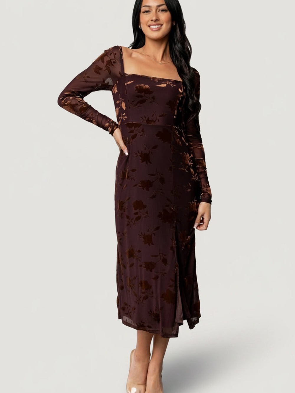 Baltic Born Tamara Velvet Midi Dress Deep Plum Bronze Gold Floral Size Large